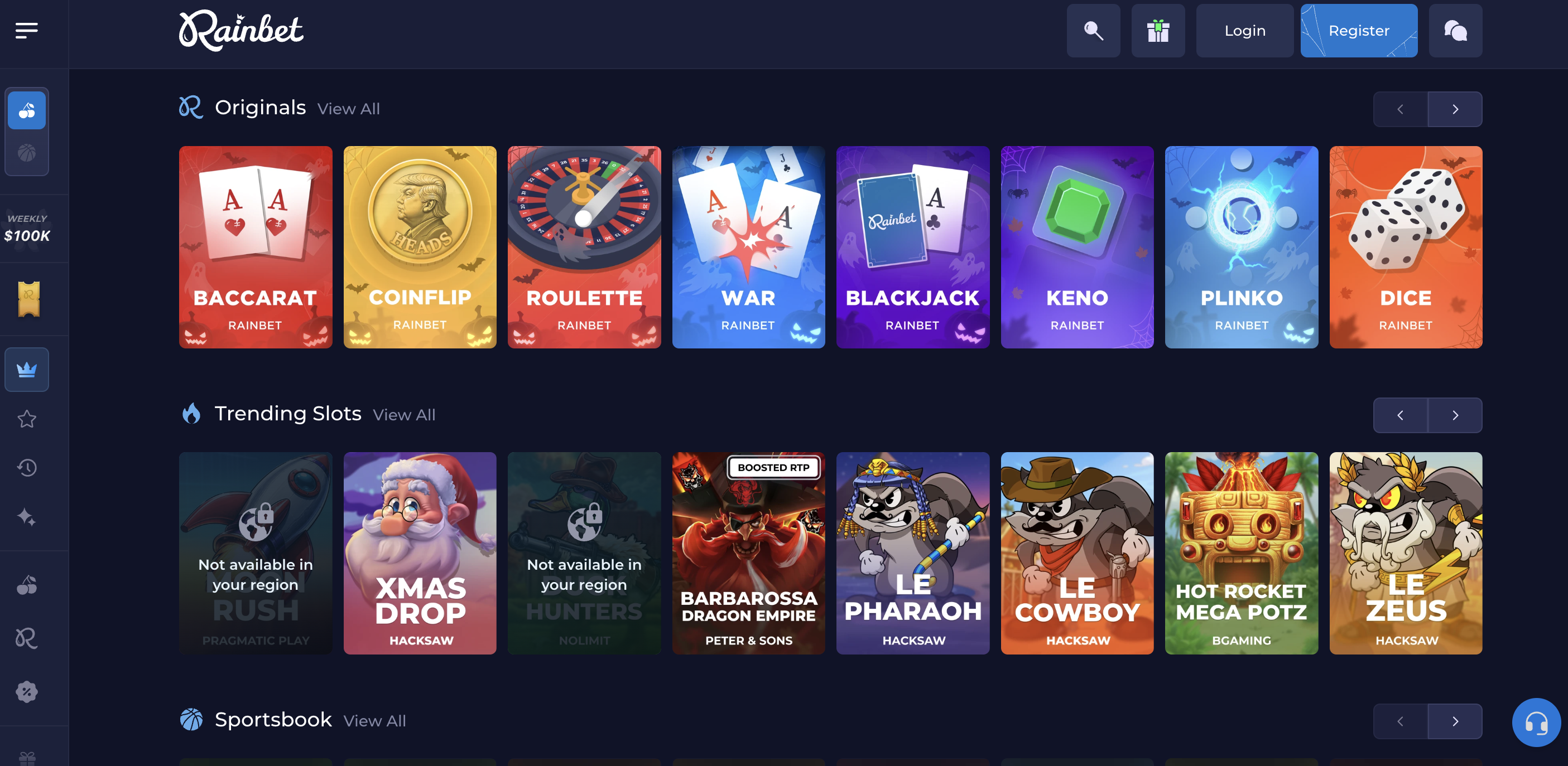 Rainbetのゲーム画面。Originalsと人気スロットが並ぶ様子